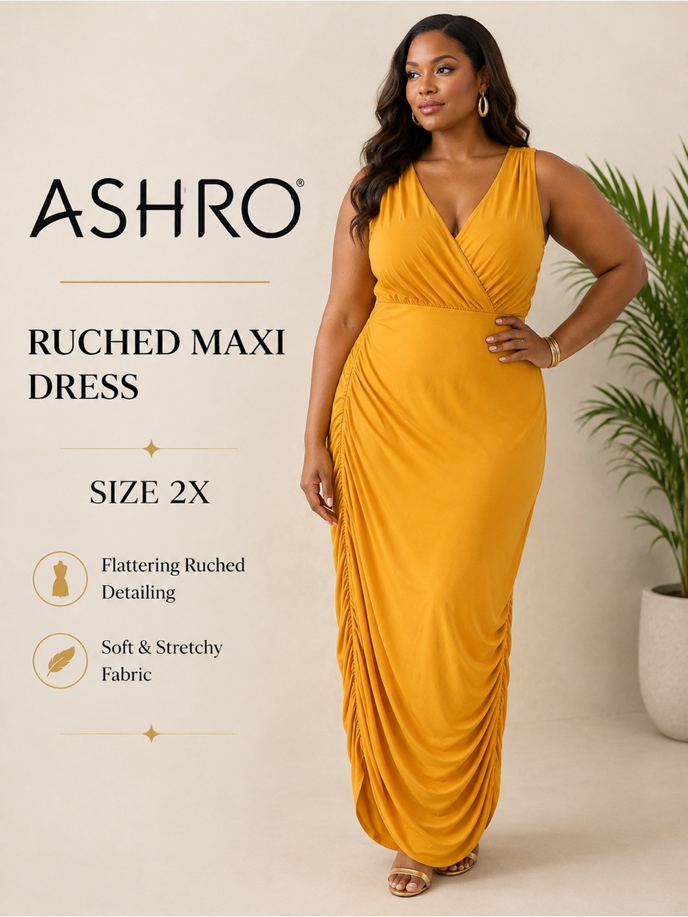 ASHRO Ruched Surplice Maxi Dress Mustard Gold Sleeveless Size 2X NWT